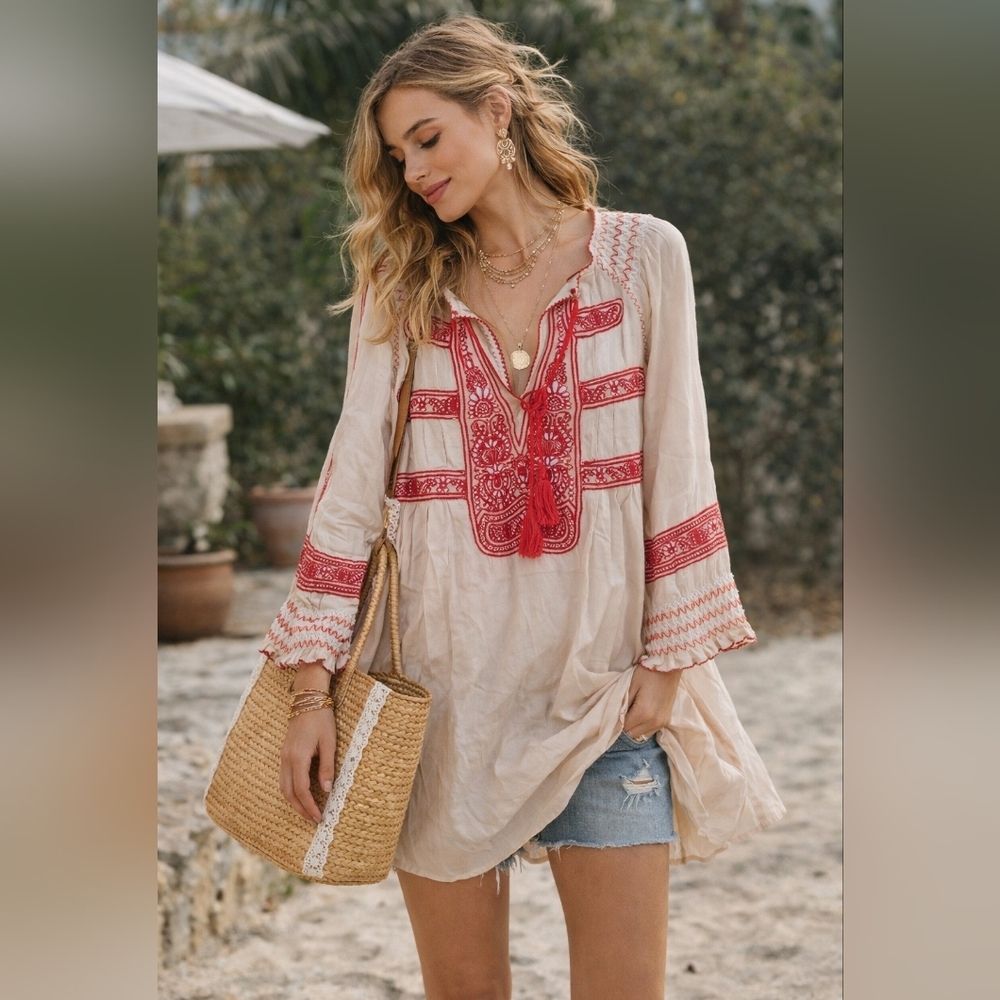 NWT.Free People Wind Willow Mini Dress Embroidered Bohoo  Dress Long Sleeve.